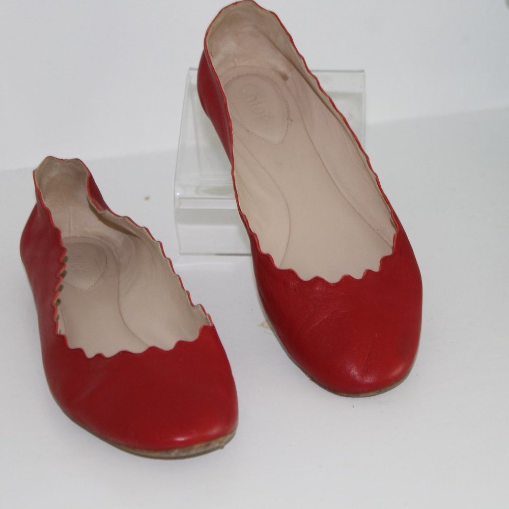 Chloe Lauren Scalloped Leather Ballet Flats, Red Leather Shoes sz 37 7 - Picture 2 of 7